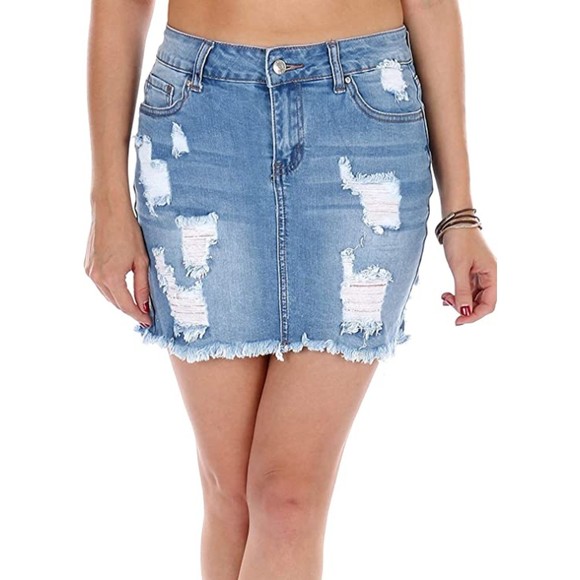 Women's Juniors Casual Distressed A-Line Denim Short Skirt Light Denim Medium - Picture 1 of 3